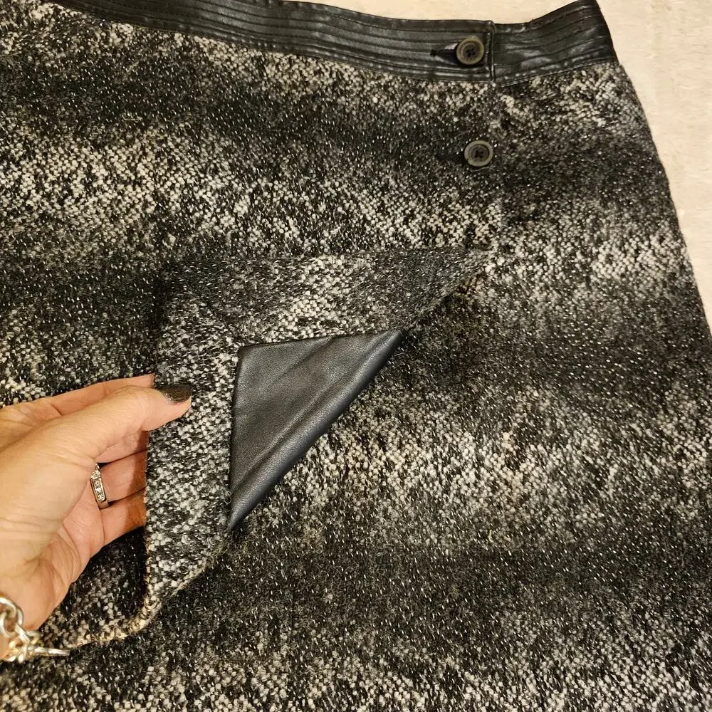 Karl Lagerfeld Sz6 Boucle Tweed Wool blend Lined‎ WrapGrayBlack Fauxleatherskirt